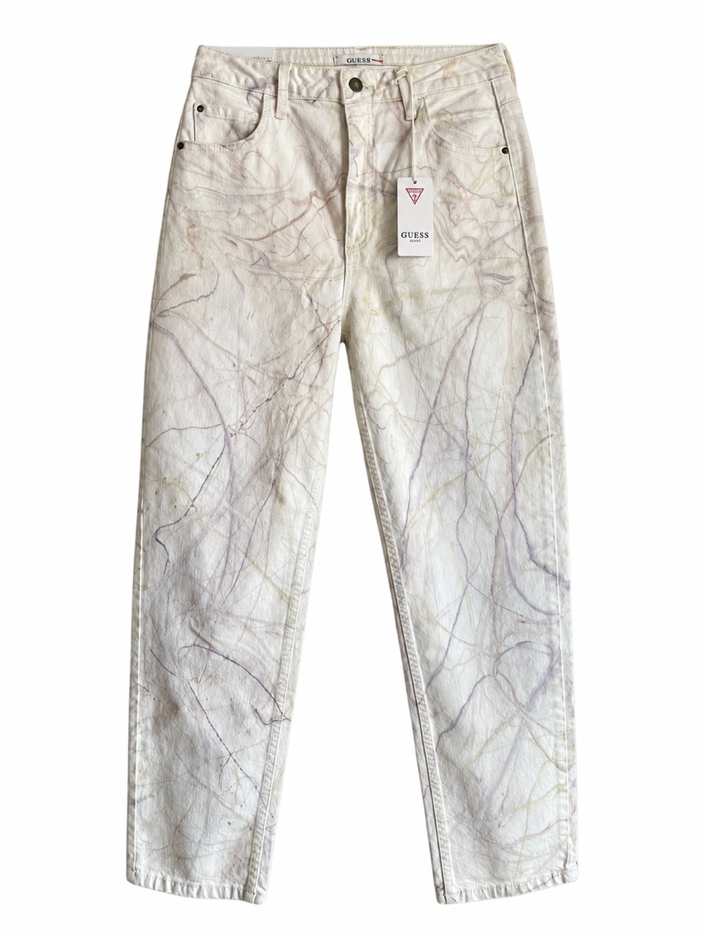 GUESS Off White Marble-Effect High Rise Straight Leg Mom Jeans – Size 29 NWT